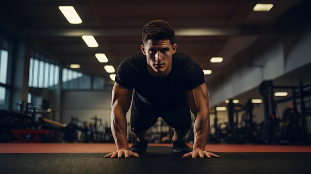 arafed man doing push ups in a gym with a black shirt Generative AI