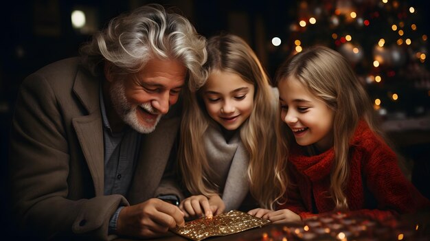 arafed man en twee meisjes kijken naar een kerstkaart Generatieve AI