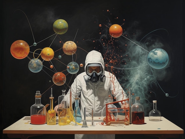 Photo arafed man in a gas mask and gas mask sitting at a table with science objects generative ai