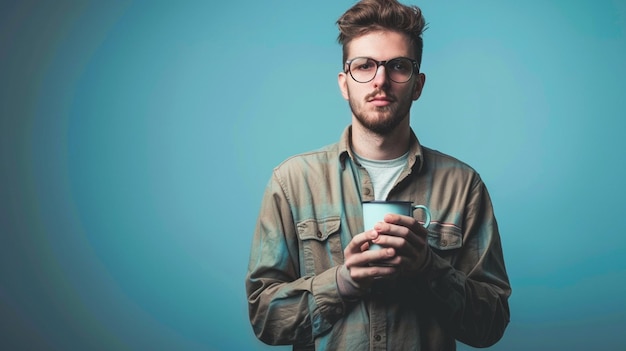 arafed man in glasses holding a cup of coffee generative ai