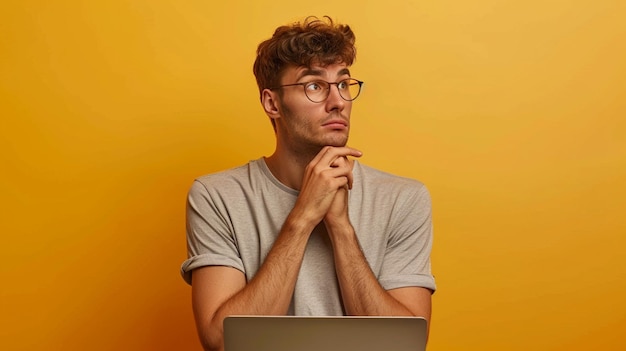 안경을 입은 은 남자가 노트북 컴퓨터를 보고 있습니다.