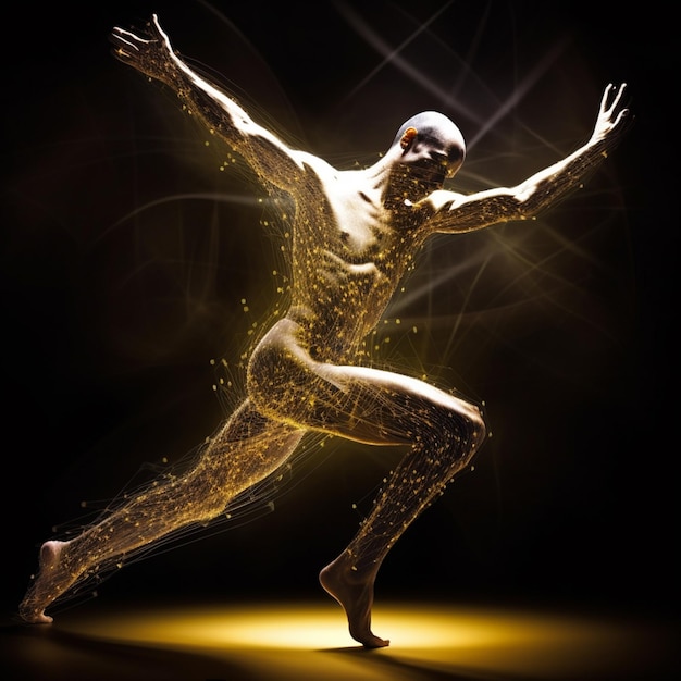 Photo arafed man in a gold body suit is dancing with his arms outstretched generative ai