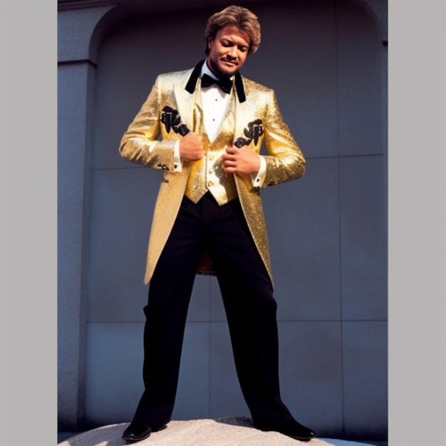 Arafed man in a gold suit and bow tie standing on a rock generative ai