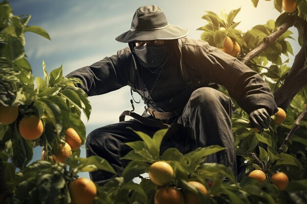 木からオレンジを摘む帽子をかぶったアラフェの男性生成ai