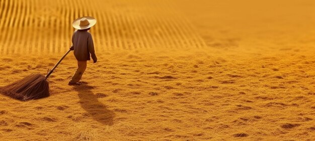 Photo arafed man in a hat sweeping the sand with a broom generative ai