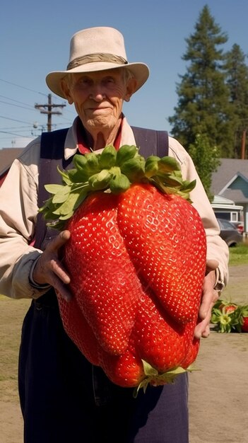 Foto uomo arafed che tiene una grande fragola in un campo generativo ai