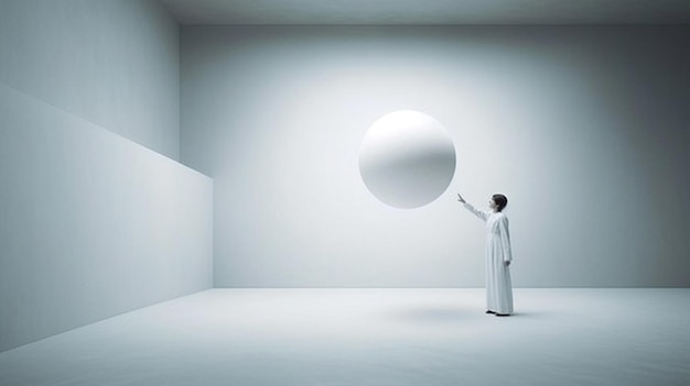 arafed man holding a large white ball in a white room generative ai