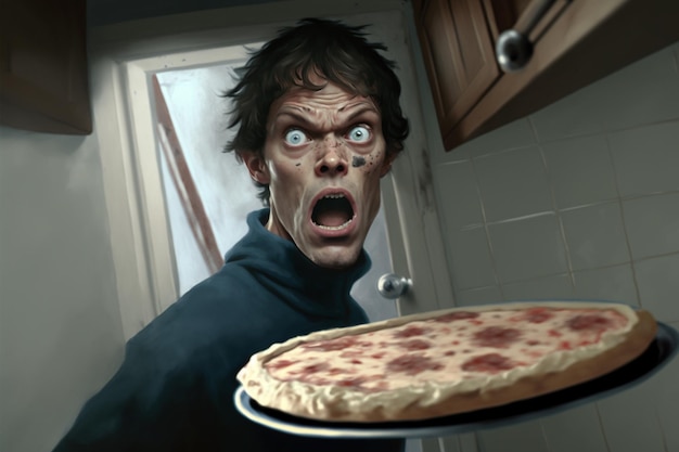 arafed man holding a pizza with a face painted on it generative ai