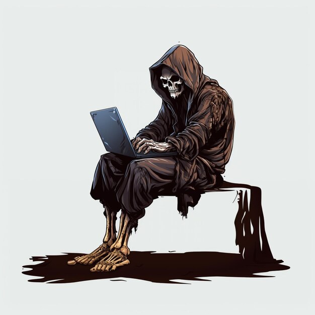 arafed man in a hooded robe sitting on a bench with a laptop generative ai