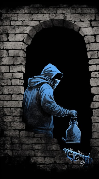 Arafed man in hoodie holding a gas can in front of a brick wall generative ai