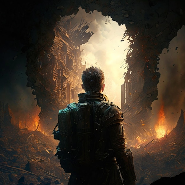 Arafed man in een donkere grot kijkt naar een stad generatieve ai