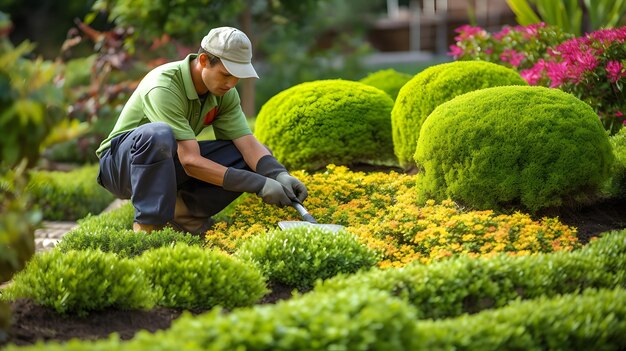 arafed man in een groen shirt en hoed die een tuin in orde maakt Generatieve AI