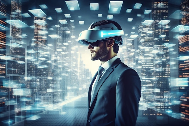 Arafed man in een pak en stropdas met een virtuele realiteit headset generatieve ai