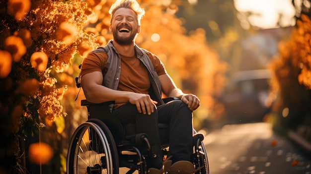 Arafed man in een rolstoel lachend en zittend in een park generatieve ai