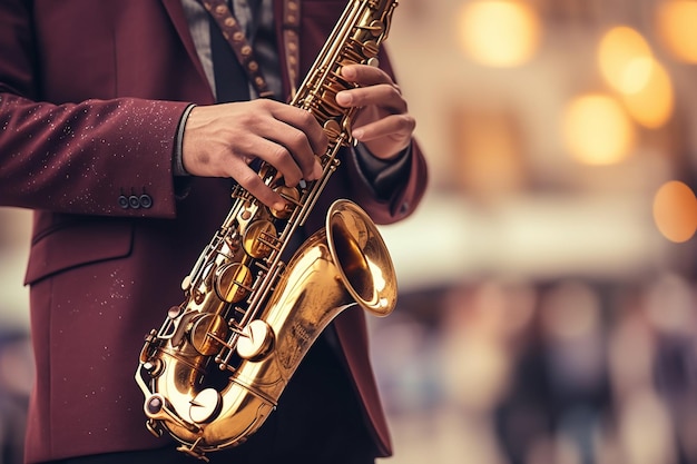 Foto arafed man in een rood jasje die een saxofoon speelt. generatief ai.