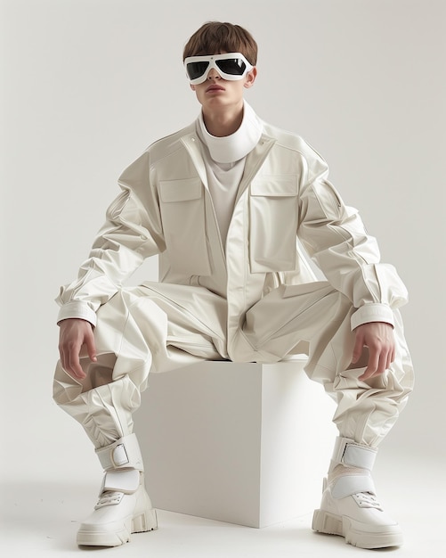 Фото Мужчина в белой куртке и солнцезащитных очках сидит на белом ящике