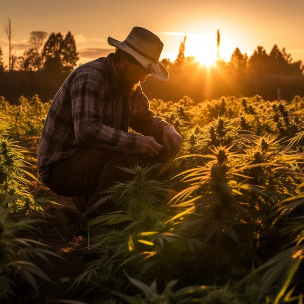 Arafed man kneeling in a field of marijuana at sunset generative ai