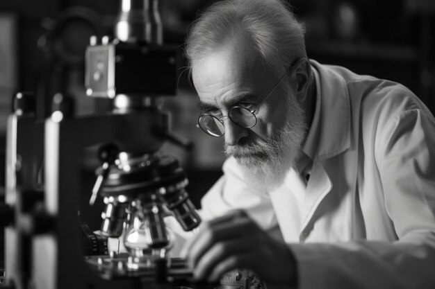 Photo arafed man in a lab with a lamp and a clock