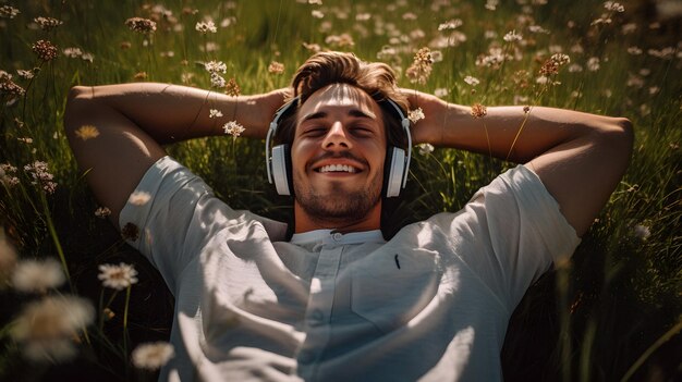 Photo arafed man laying in a field of flowers with headphones on generative ai