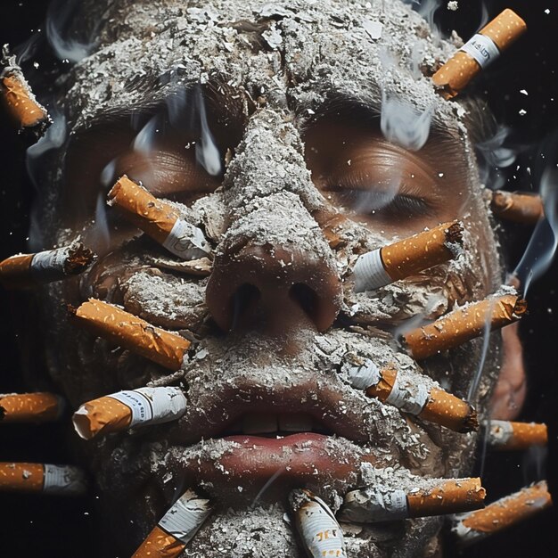 Foto arafed man met sigaretten en sigaretten uit zijn gezicht