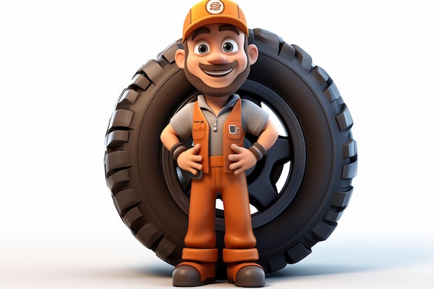 arafed man in overalls and a hat stands next to a tire generative ai