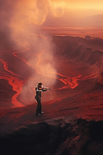 Arafed man playing violin on a mountain with a red landscape generative ai