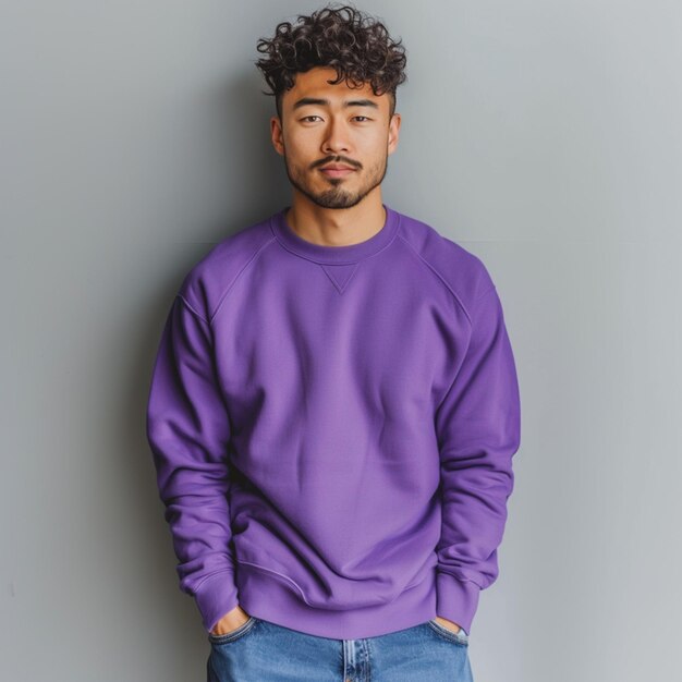 arafed man in a purple sweatshirt and jeans posing for a picture generative ai