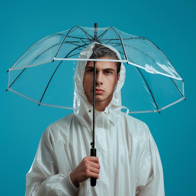 Photo arafed man in a raincoat holding an umbrella against a blue background generative ai