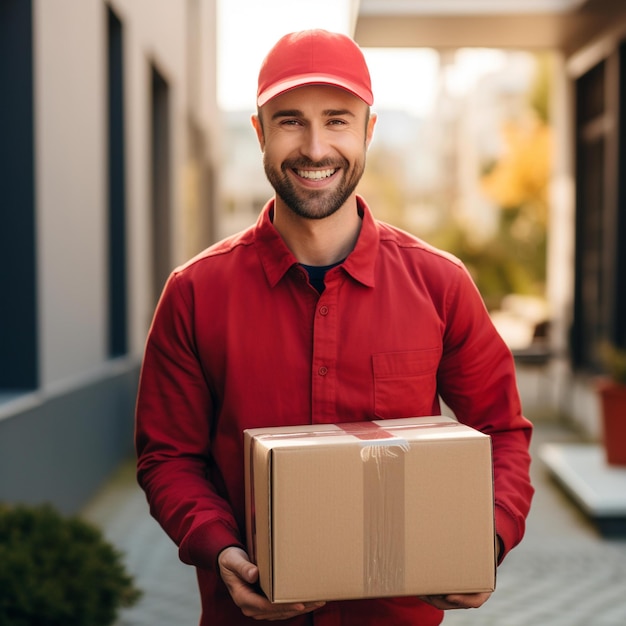 Arafed Man In Red Shirt Holding A Box In Front Of A Building