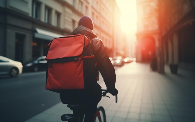 Arafed man riding a bike with a red bag on the back generative ai