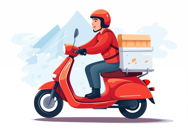 arafed man riding a red scooter with a pizza box on the back generative ai