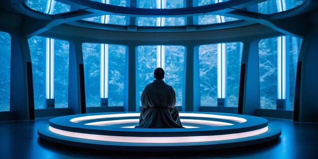 Arafed man in robe sitting in a futuristic room with a circular table generative ai