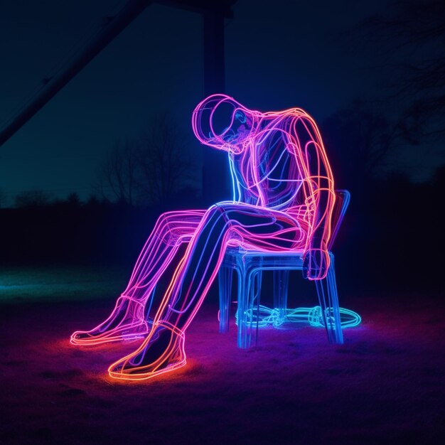Arafed man sitting on a chair with a neon light painting generative ai