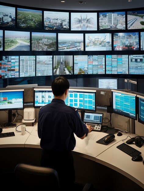 Photo arafed man sitting at a desk in front of multiple monitors generative ai