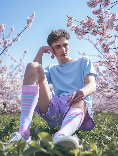 Photo arafed man sitting in the grass with his legs crossed pink tshirt mockup flyer