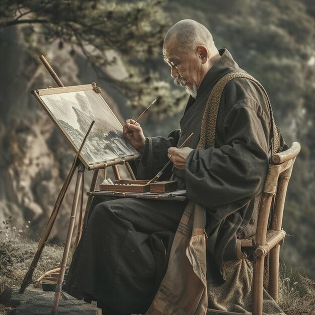 사진 캔버스 에 그림 을 그리는 의자 에 앉아 있는 아라페드 남자