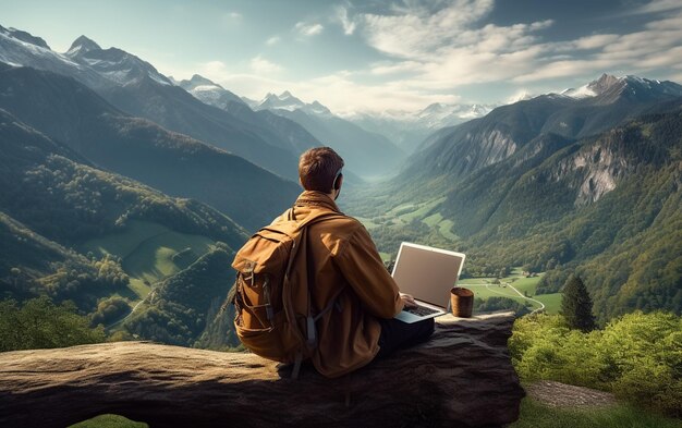 Photo arafed man sitting on a log looking at a laptop generative ai