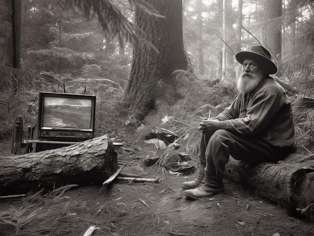 Arafed man sitting on a log in the woods with a tv generative ai