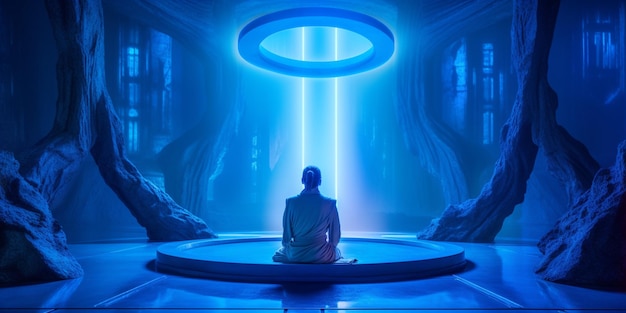 Arafed man sitting in a meditation position in a futuristic setting generative ai