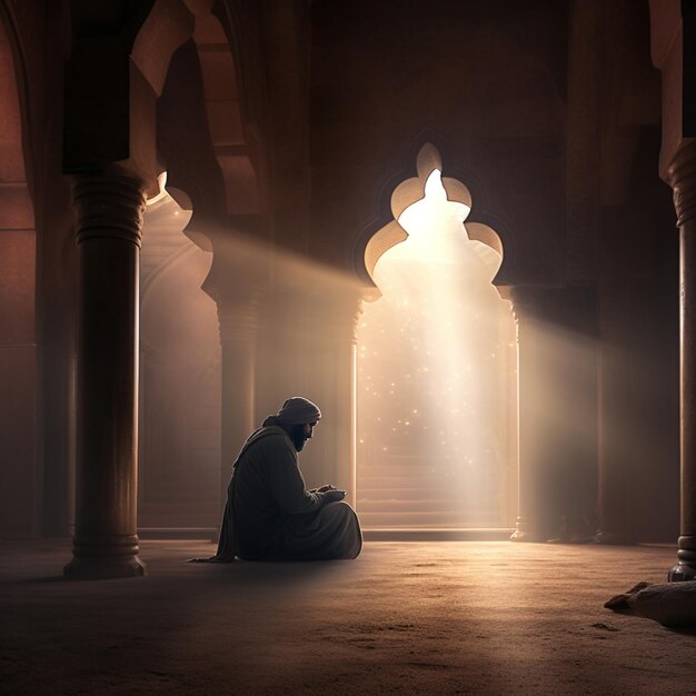 Arafed man sitting in a mosque with a light coming through the window generative ai