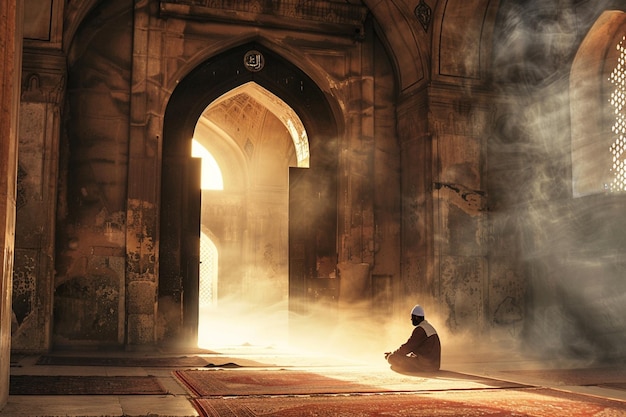 カーペットとドアを通って来る光でモスクに座っているアラフェッドの男