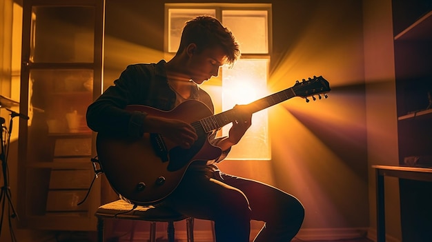 Фото Арафед мужчина сидит на стуле и играет на гитаре в комнате, генерирующий ай