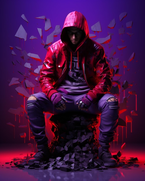 Arafed man sitting on a pile of broken glass with a hood on generative ai