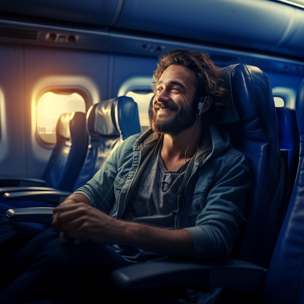 arafed man sitting in a seat on an airplane with headphones generative ai