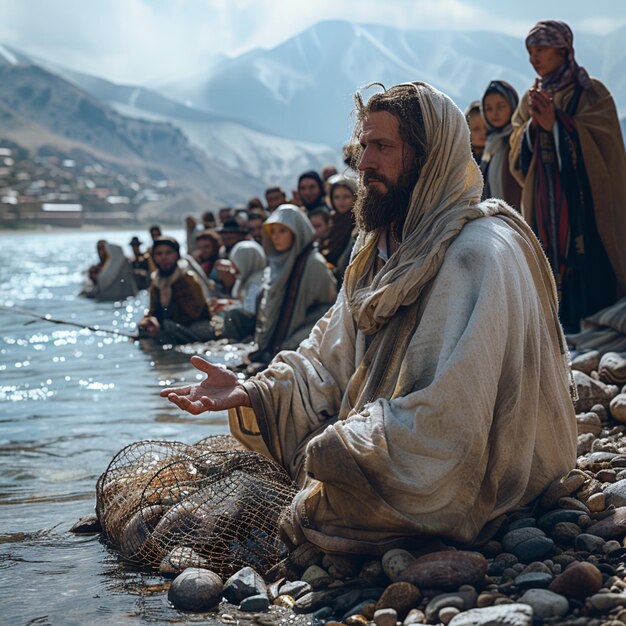 arafed man sitting on the shore of a river with a group of people generative ai