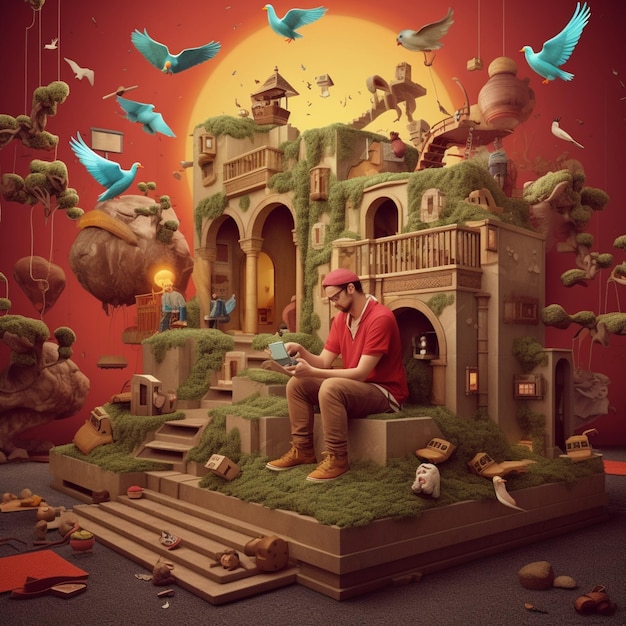 Arafed man sitting on a step with a book and a bird in front of a castle generative ai