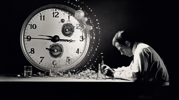 Photo arafed man sitting at a table with a clock and a bottle of alcohol generative ai