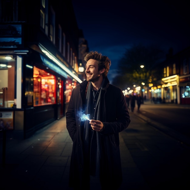 arafed man standing on a city street holding a sparkler generative ai