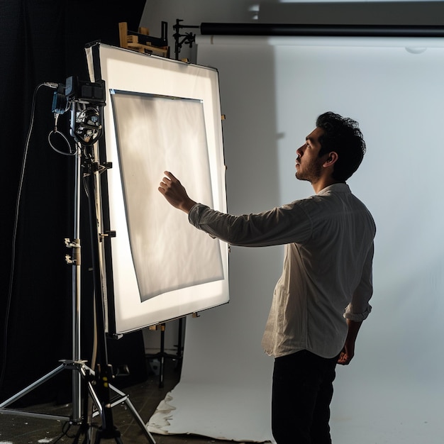 arafed man standing in front of a photo studio with a light generative ai