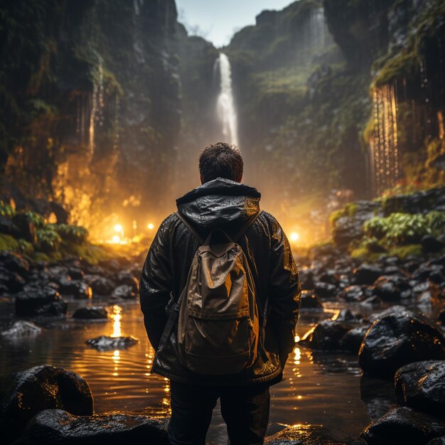 arafed man standing in front of a waterfall with a backpack generative ai